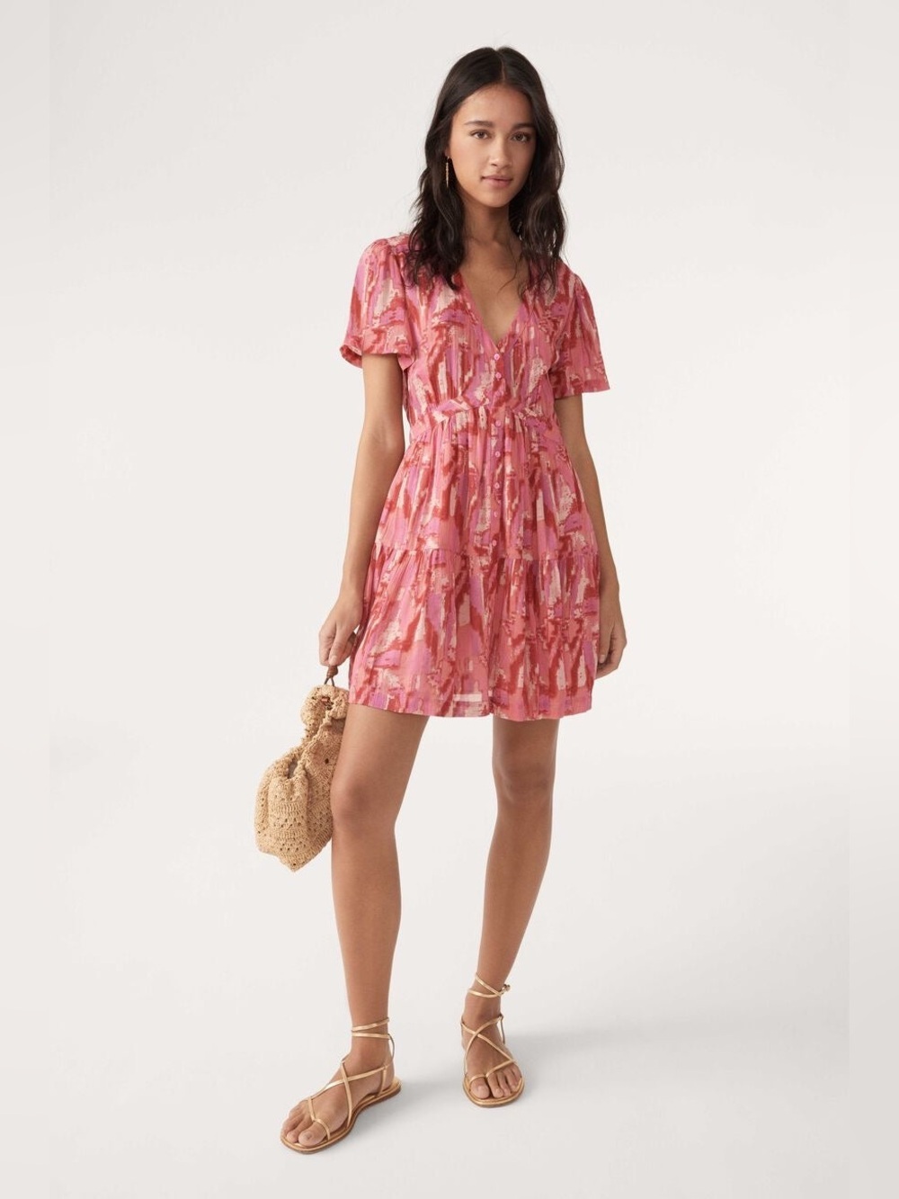 Ba&sh Talita Rose Dress Short-Sleeve Tiered V-Neck Mini Dress pink white L
